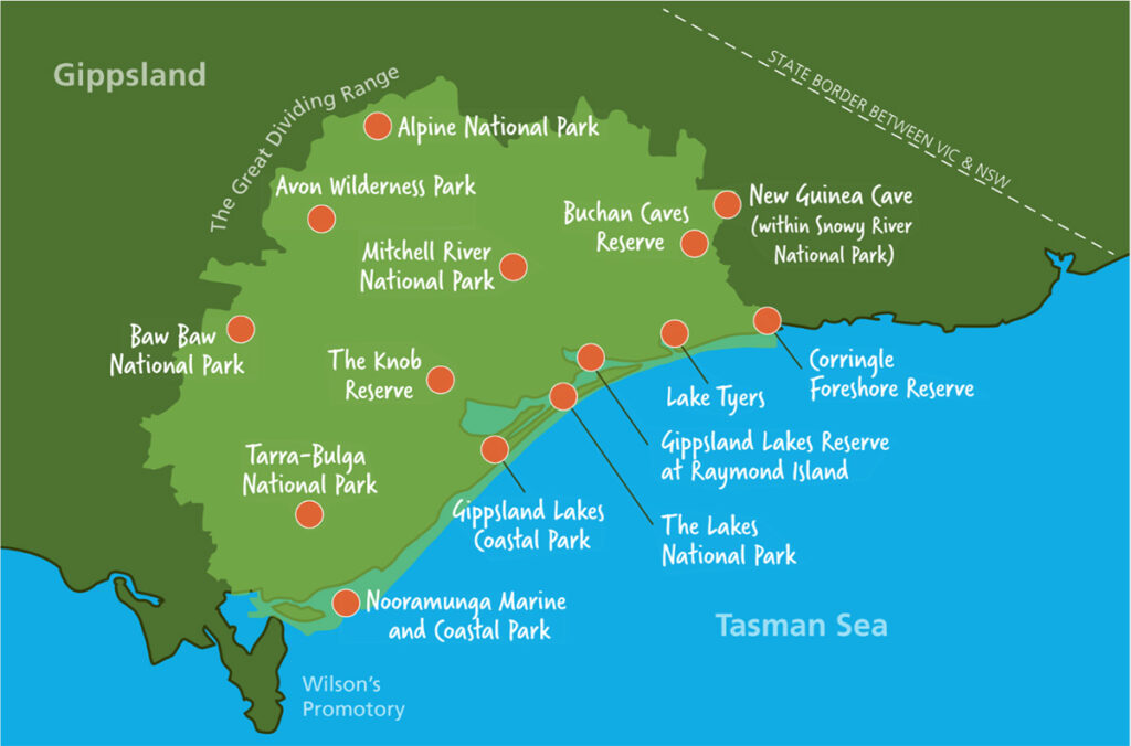 Figure 2: Parks and reserves on Gunaikurnai Country that are under Joint Management between the Gunaikurnai and the Victorian Government. (Image courtesy of the Gunaikurnai Land and Waters Aboriginal Corporation).