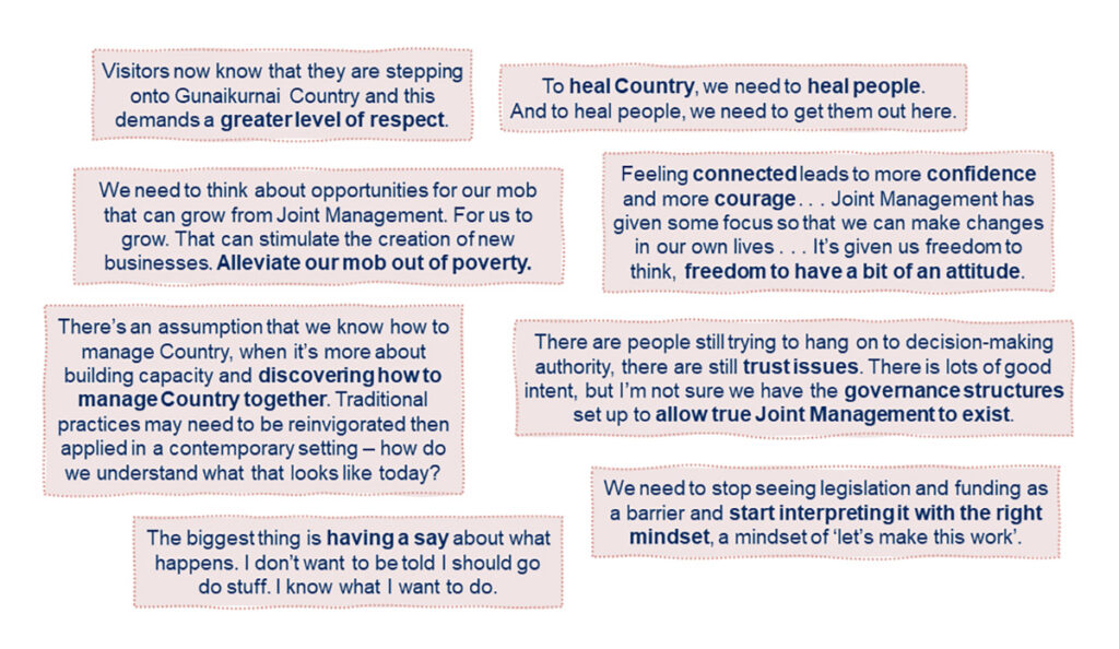 Figure 4: Some of the voices we heard during the first five-year review of Joint Management between the Gunaikurnai people and the Victorian government