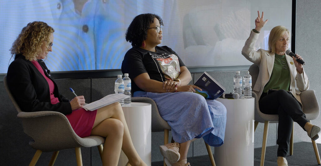 From left to right) Moderator, Suzie Riddell, SVA CEO with panel members: Cindy Reese Mitchell, program director at Good Return, and Kristy Muir, Paul Ramsay Foundation CEO, at the Impact at Scale Summit.