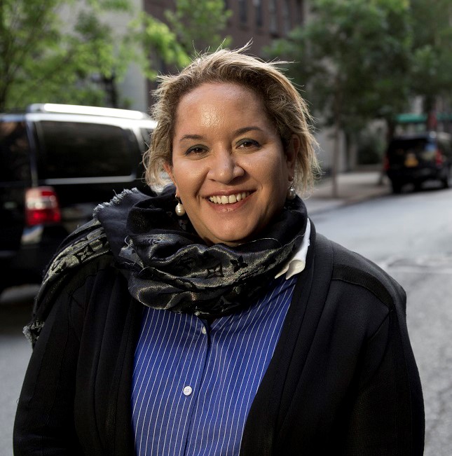 Professor Megan Davis outside the UN Building in NYC