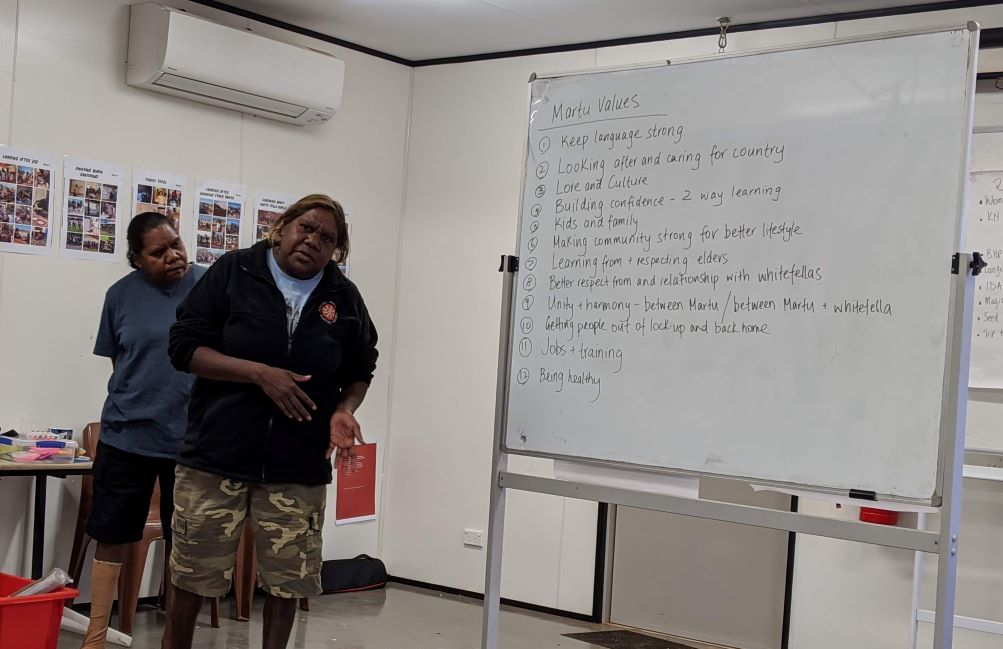 Two members of the Martu Leadership Program lead a consultation session with the community